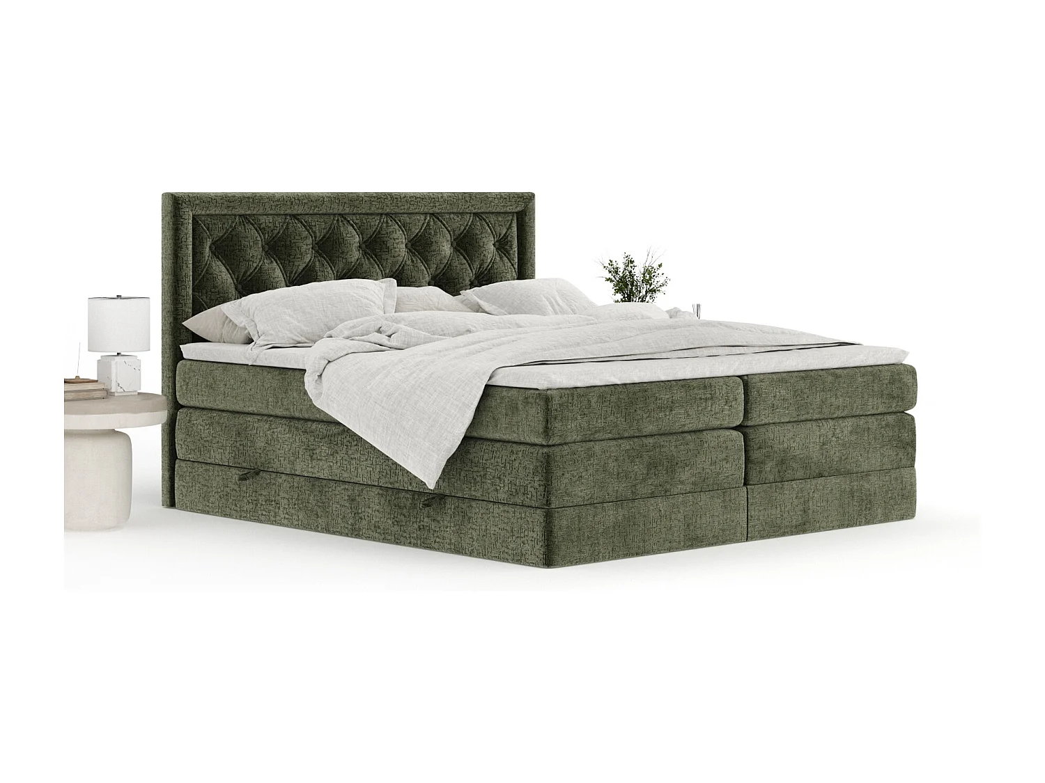 Boxspringbett aus Chenille-Stoff Aurelia - Matratze - Toppermatratze - 180x200 cm - olivenfarbe