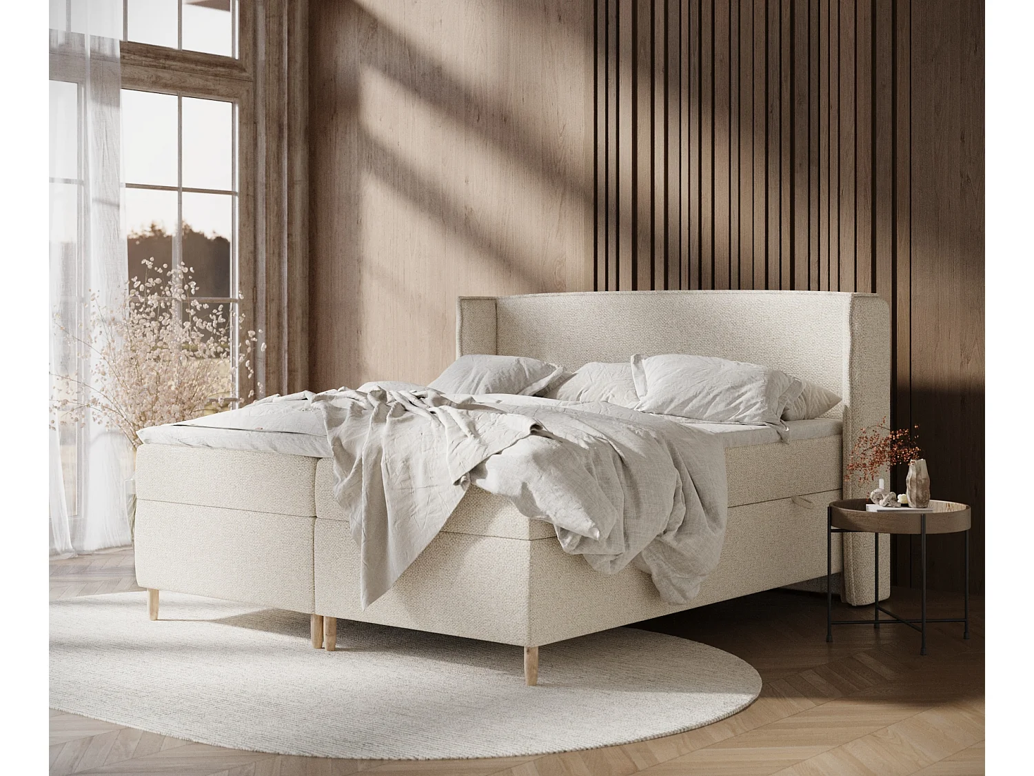 Lit boxspring en tissu bouclette Segni - matelas - surmatelas - 140x200 cm - beige