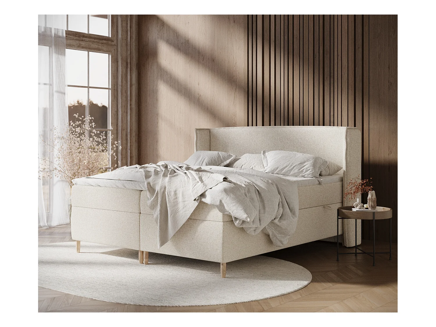 Lit boxspring en tissu bouclette Segni - matelas - surmatelas - 140x200 cm - beige