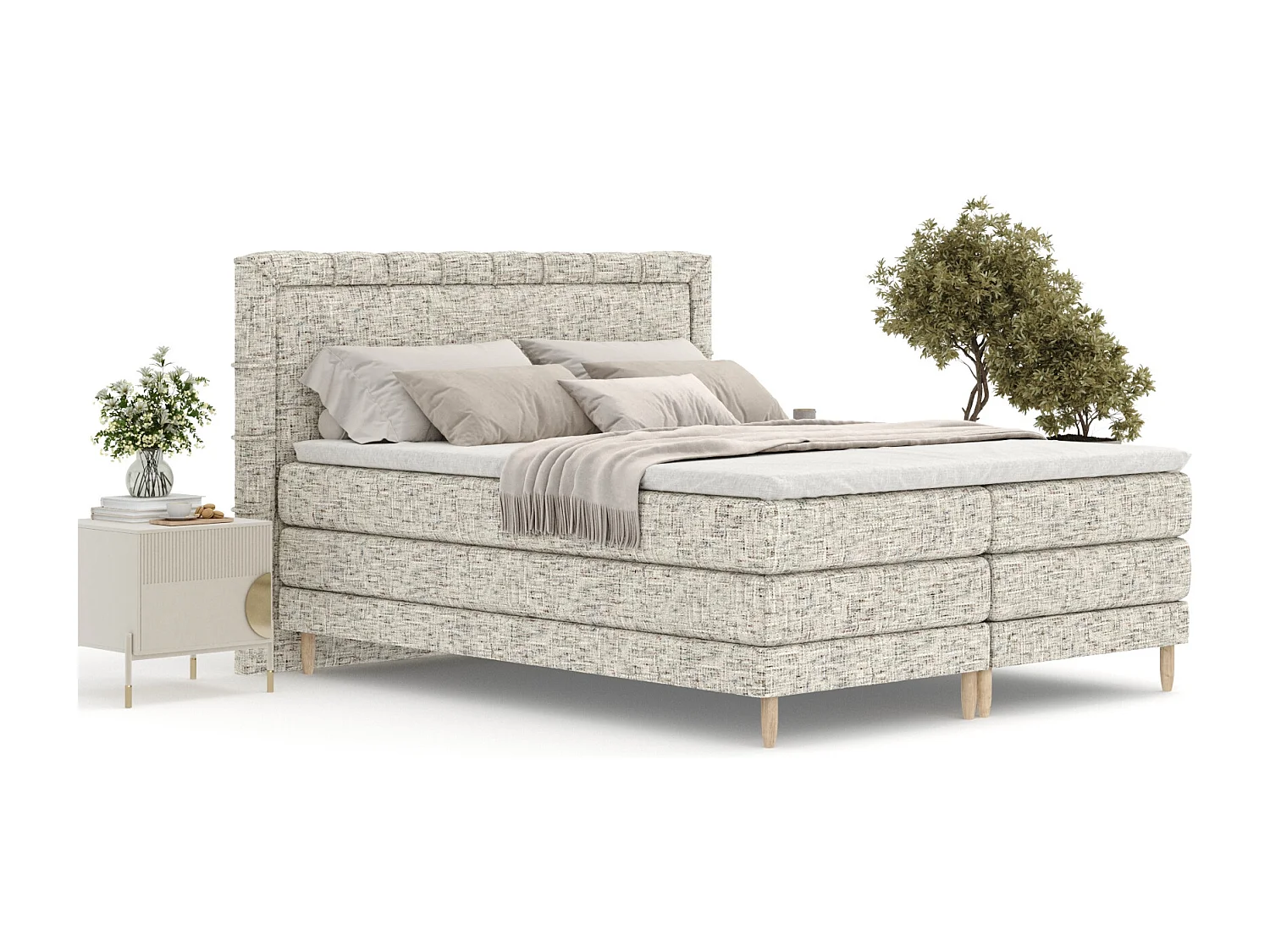 Łóżko boxspring w tkaninie plecionej Rimini - materac - topper - 200x200 cm - beżowy melanż