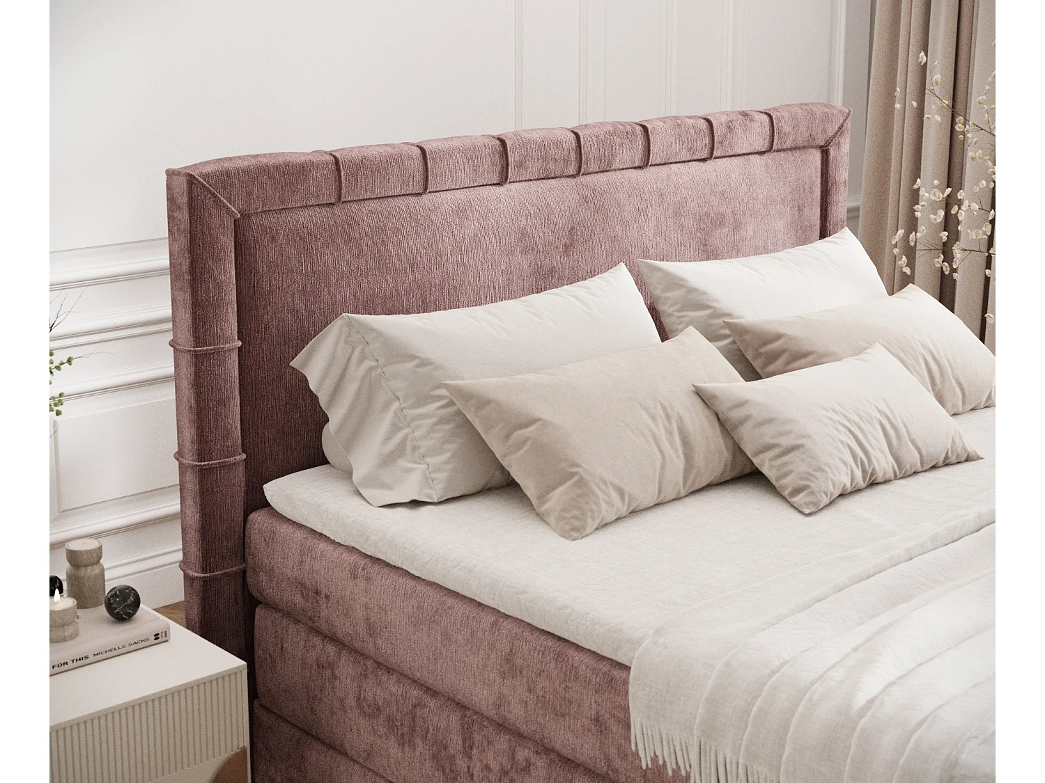 Boxspringbett aus Chenille-Stoff Rosabel - Matratze - Toppermatratze - 180x200 cm - rosa