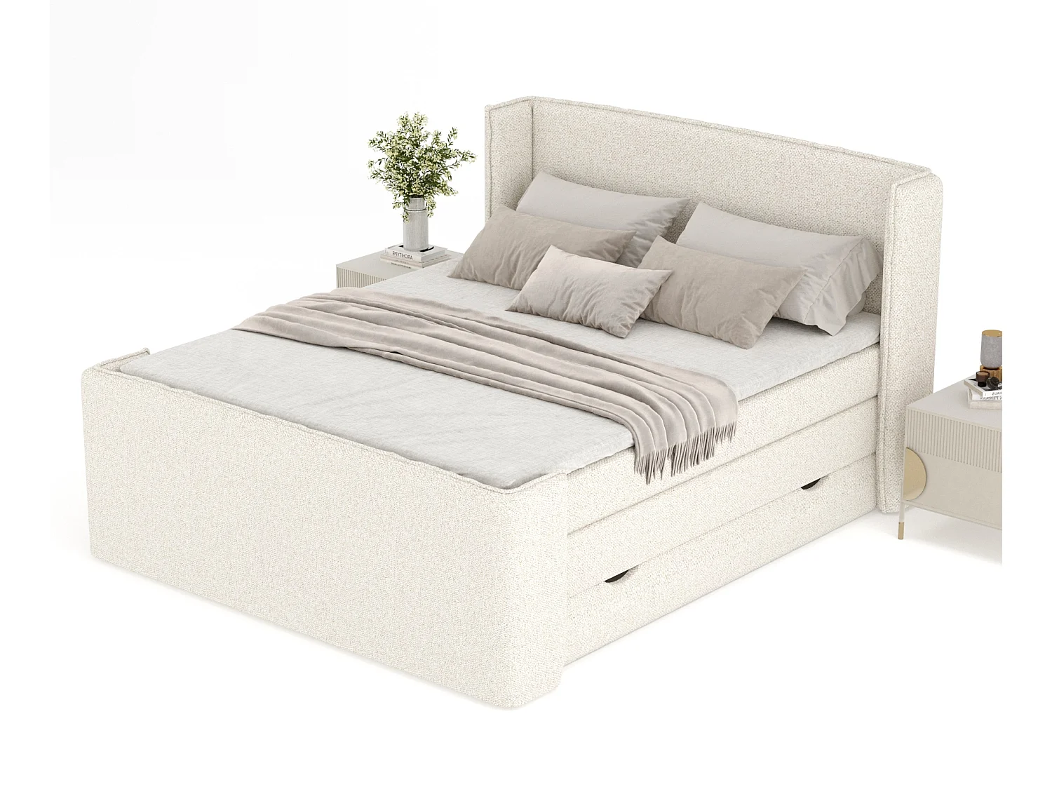 Boxspringbett aus Boucle-Stoff Freeland - Matratze - Toppermatratze - 160x200 cm - creme