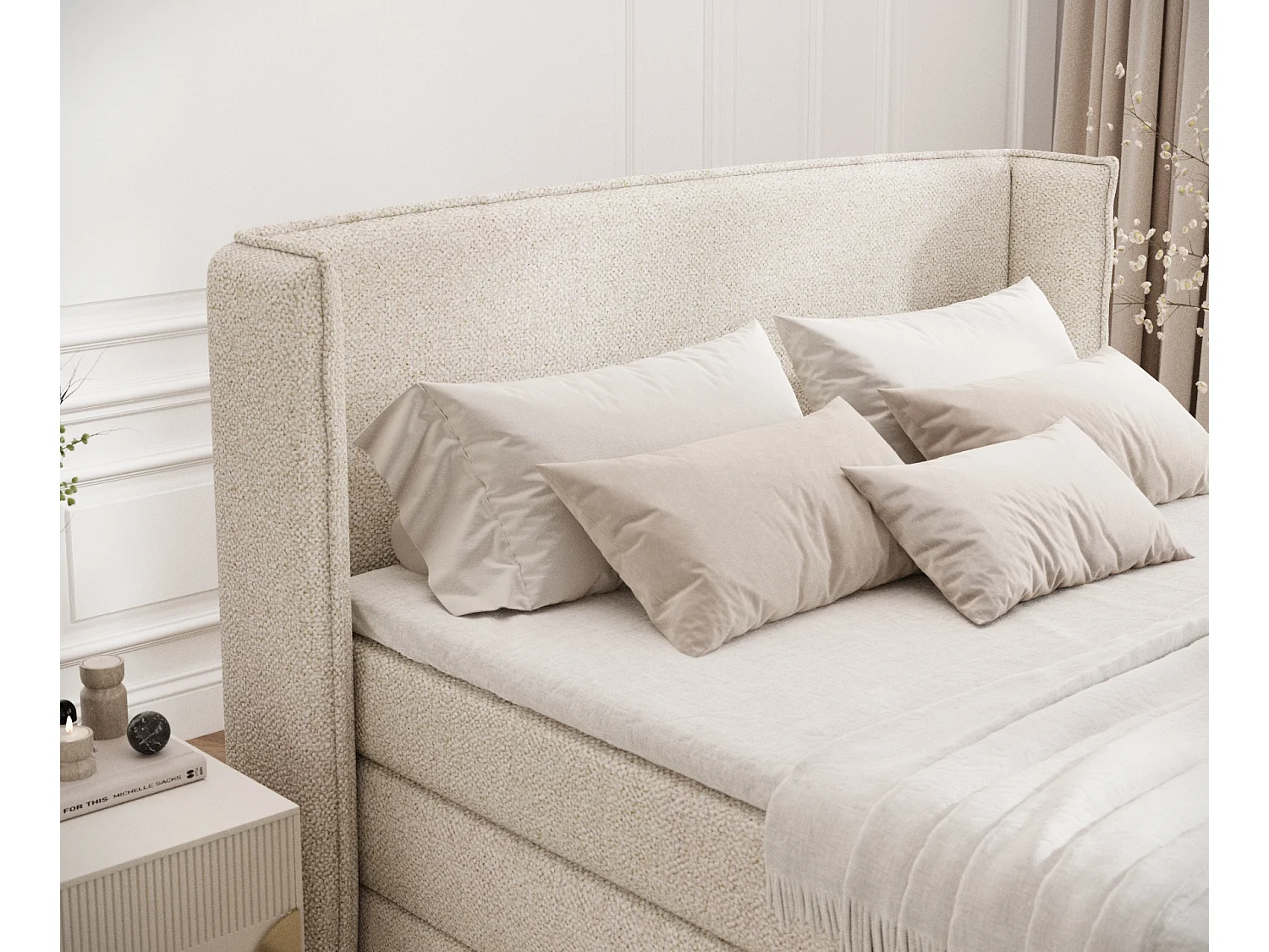Boxspringbett aus Boucle-Stoff Freeland - Matratze - Toppermatratze - 160x200 cm - creme
