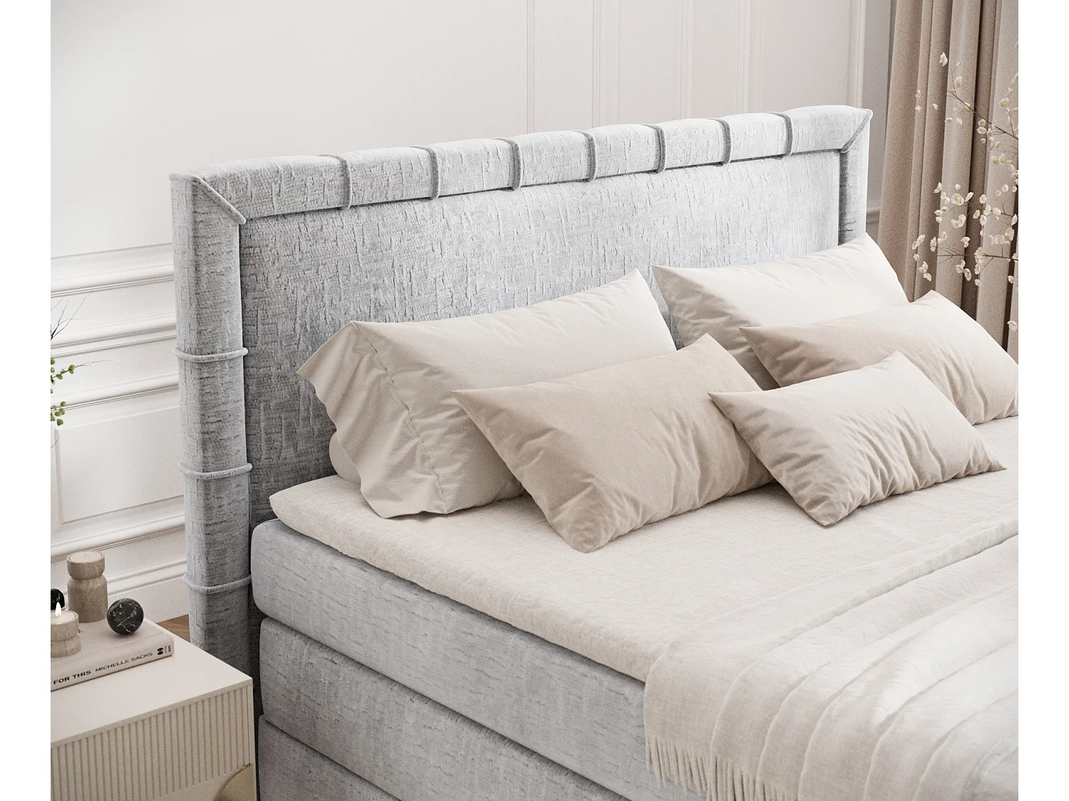 Boxspringbett aus Chenille-Stoff Rosabel - Matratze - Toppermatratze - 180x200 cm - hellgrau