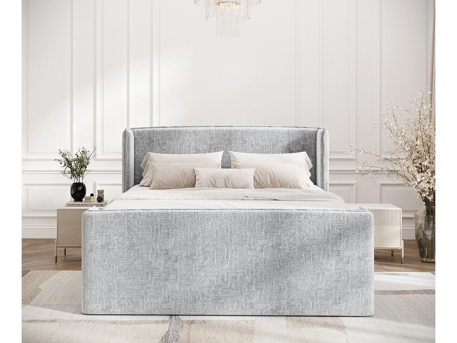 Lit boxspring en tissu chenille Freeland - matelas - surmatelas - 140x200 cm - gris clair