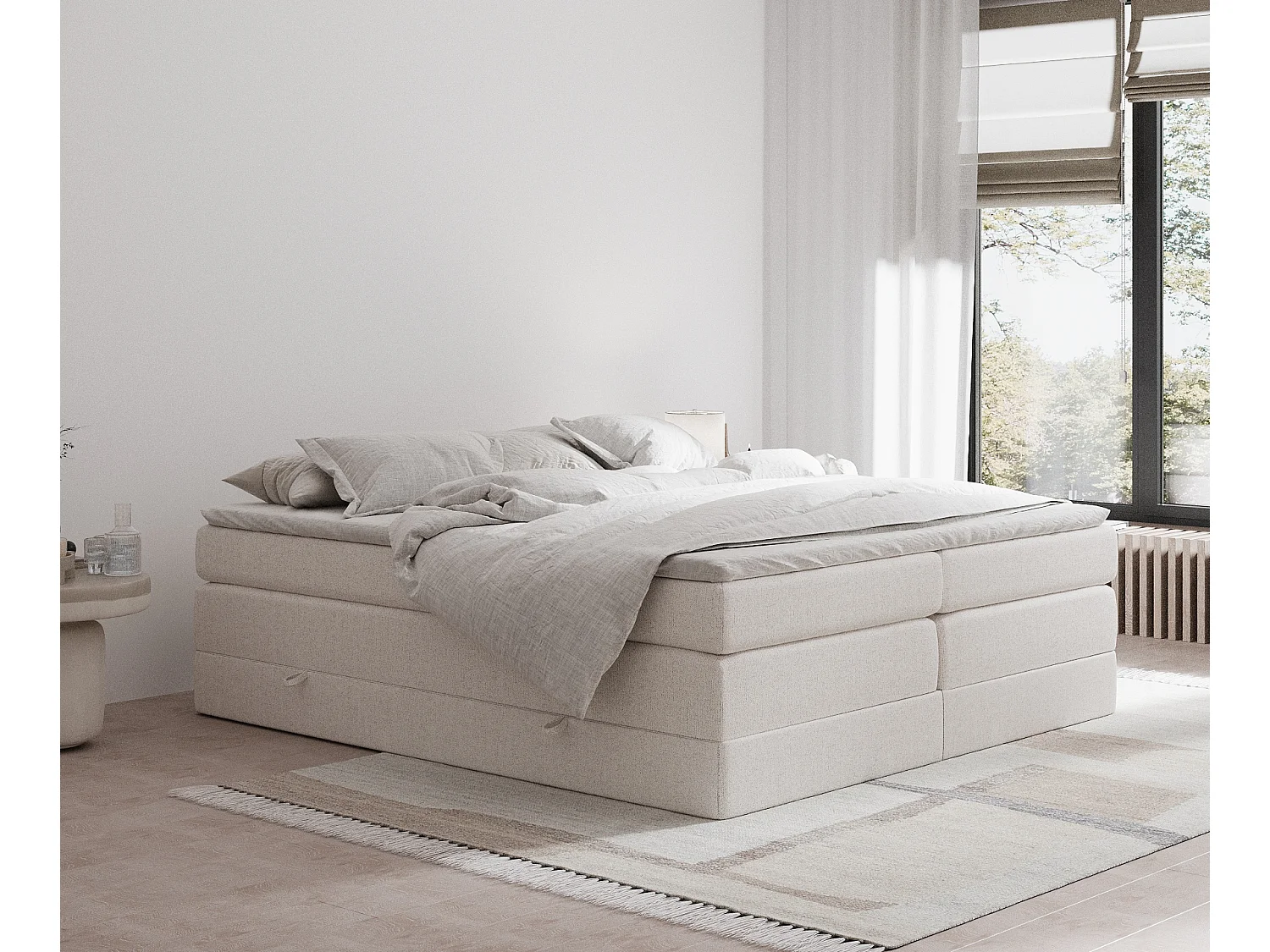 Boxspringbett aus Webstoff Juniper - Matratze - Toppermatratze - 200x200 cm - beige