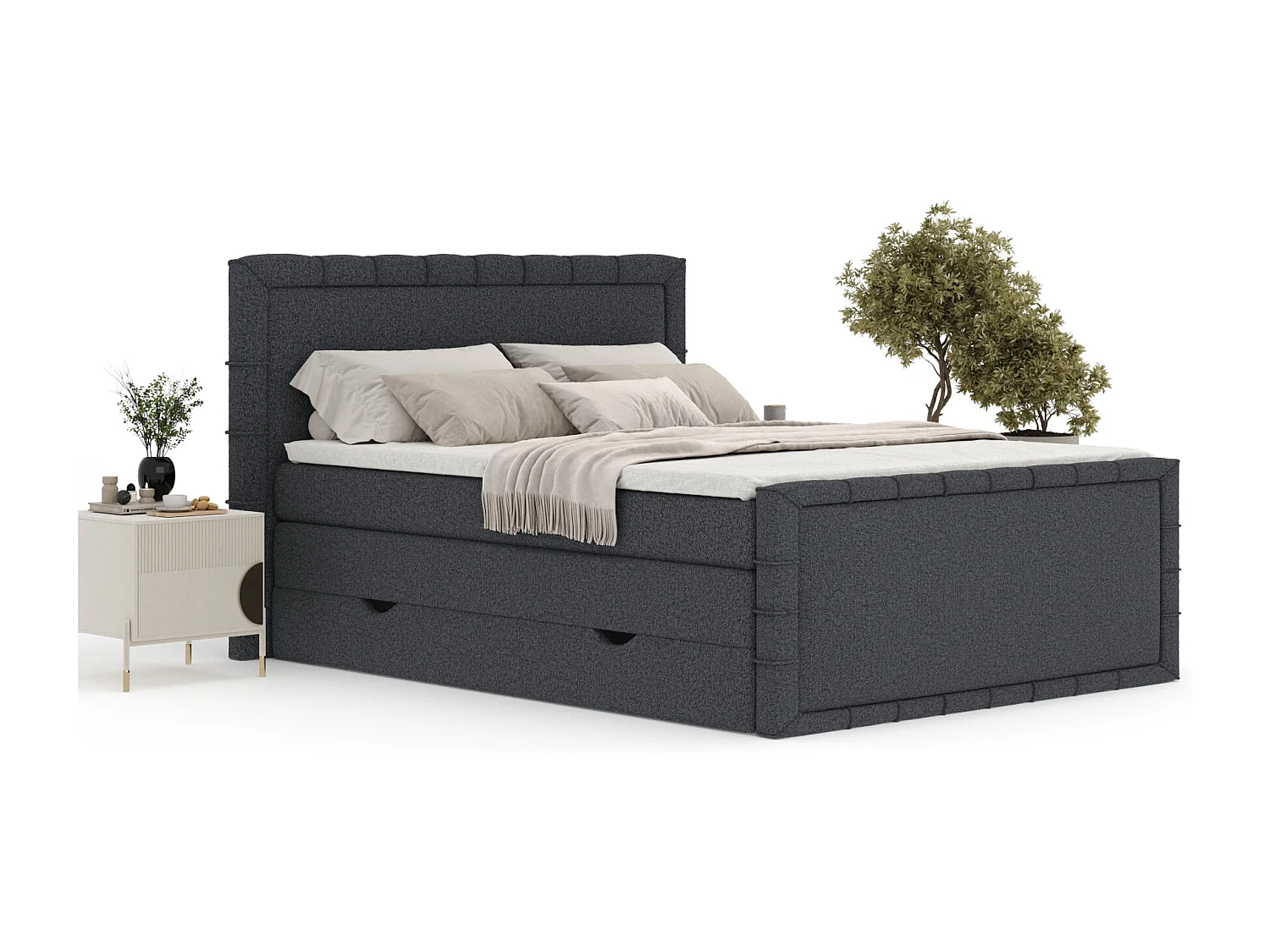 Lit boxspring en toile tissée Estelle - matelas - surmatelas - 160x200 cm - noir