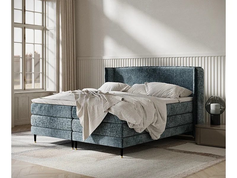 Łóżko boxspring w tkaninie szenilowej Carizzo - materac - topper - 180x200 cm - niebieski