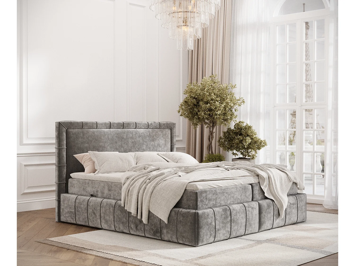 Boxspringbett aus Chenille-Stoff Sundown - Matratze - Toppermatratze - 180x200 cm - grau