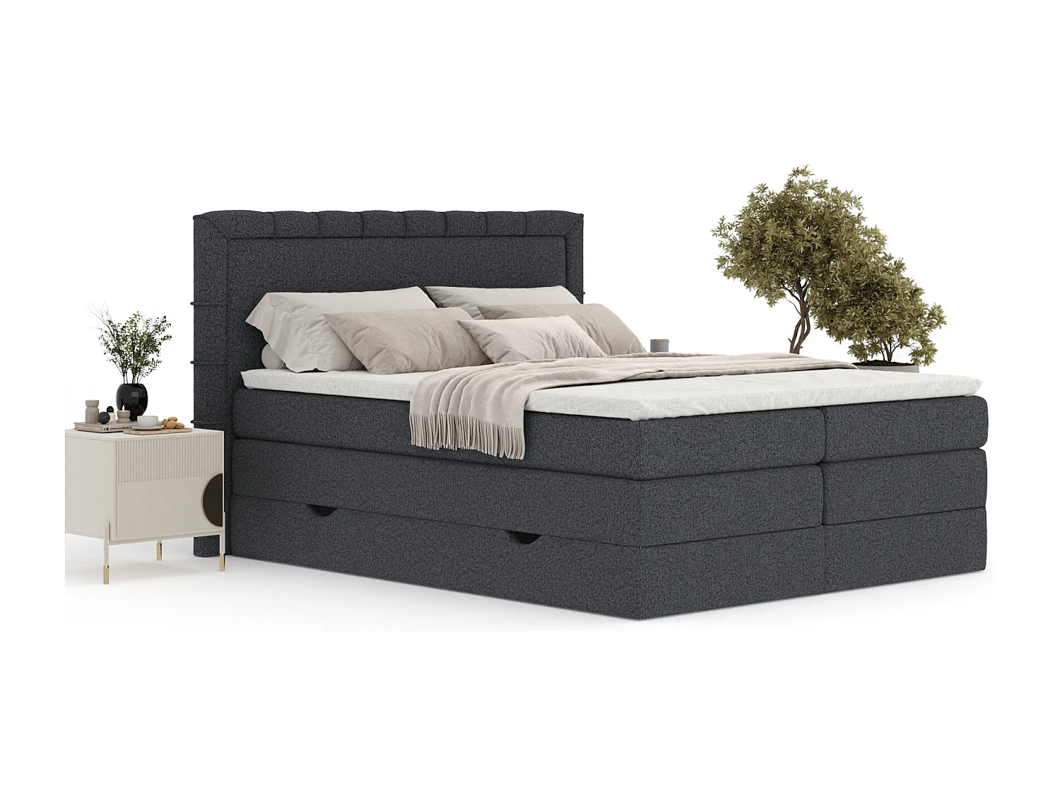 Boxspringbett aus Webstoff Rosabel - Matratze - Toppermatratze - 180x200 cm - schwarz
