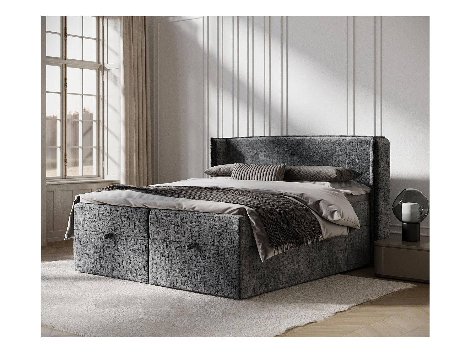 Lit boxspring en tissu chenille Passion - matelas - surmatelas - 140x200 cm - anthracite