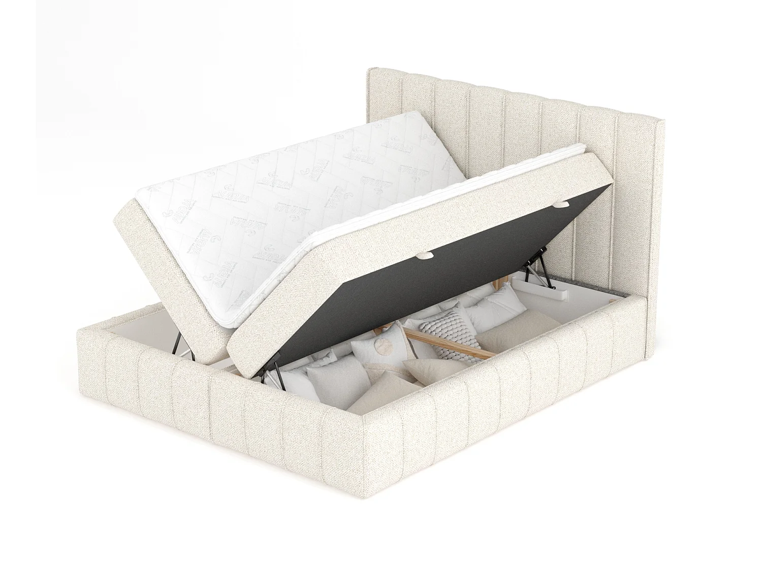 Boxspringbett aus Boucle-Stoff Moretti - Matratze - Toppermatratze - 140x200 cm - creme