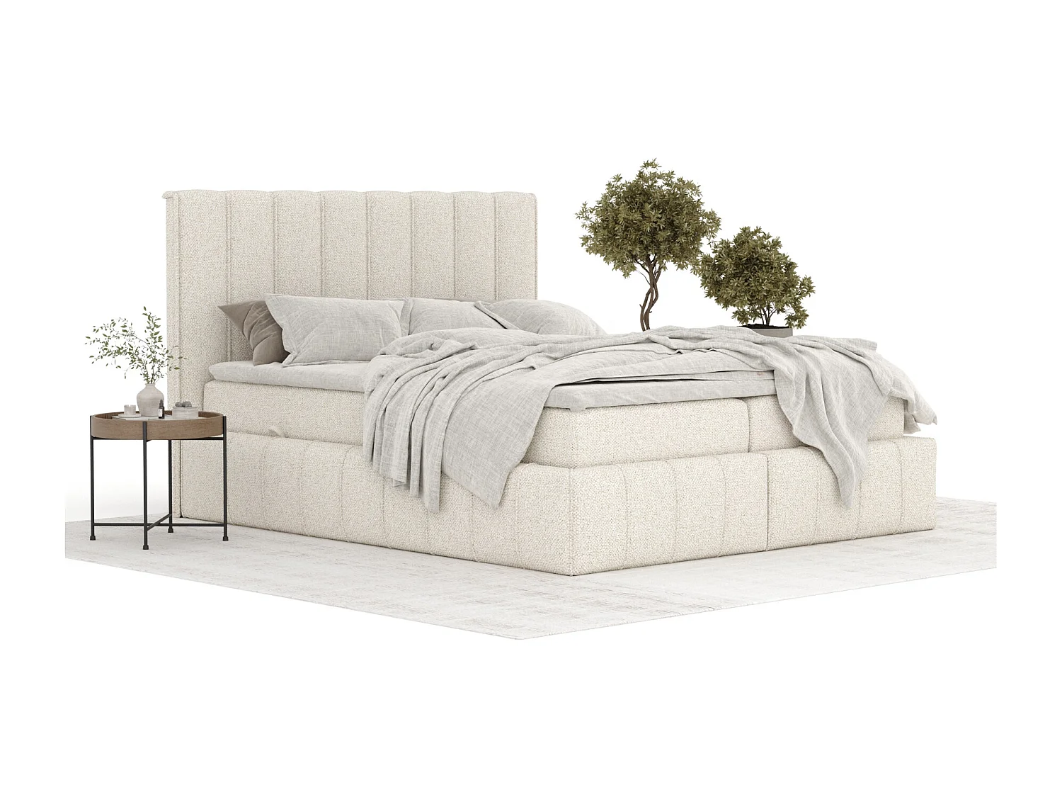 Boxspringbett aus Boucle-Stoff Moretti - Matratze - Toppermatratze - 140x200 cm - creme