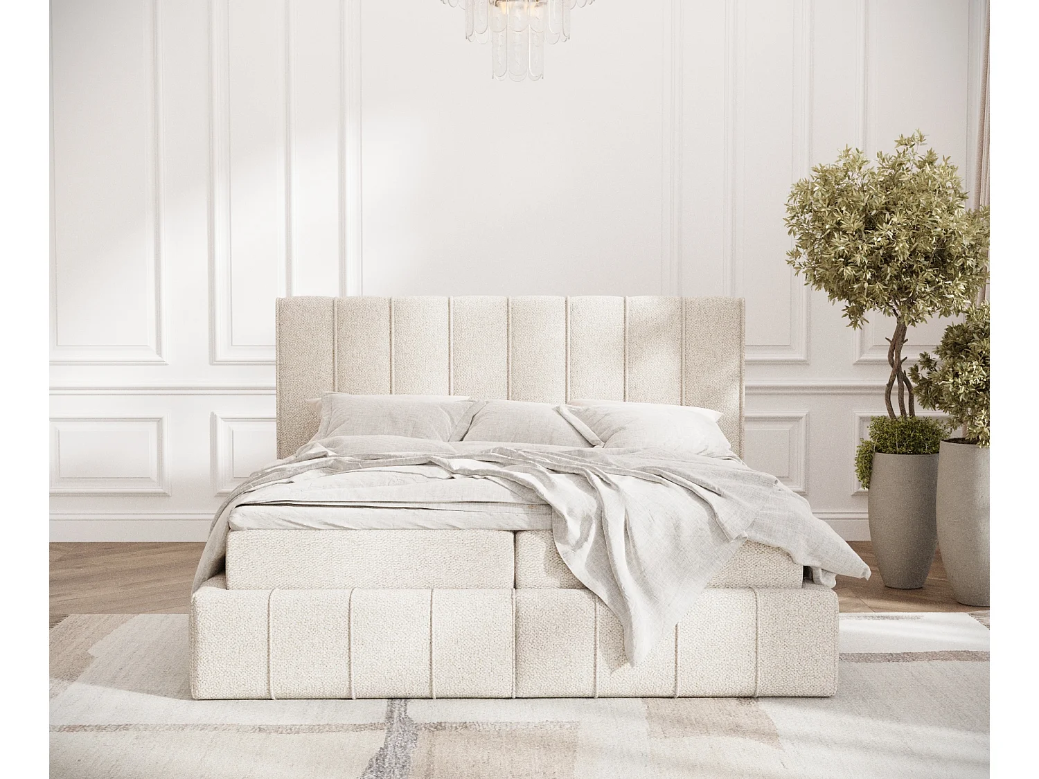 Boxspringbett aus Boucle-Stoff Moretti - Matratze - Toppermatratze - 140x200 cm - creme