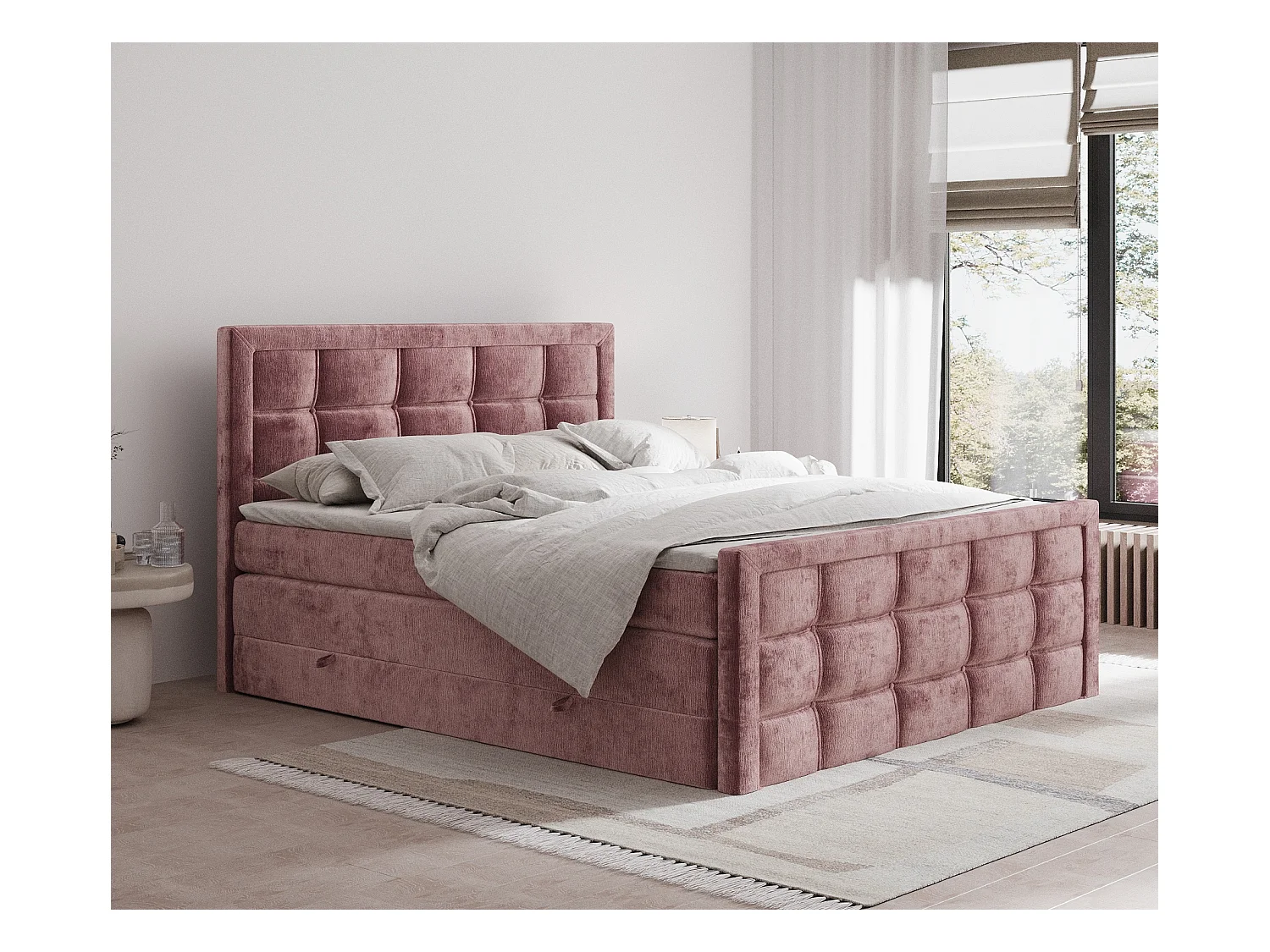 Lit boxspring en tissu chenille Ambrosia - matelas - surmatelas - 200x200 cm - rose