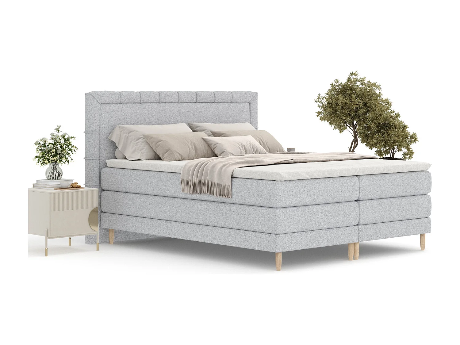 Boxspringbett aus Webstoff Rimini - Matratze - Toppermatratze - 140x200 cm - hellgrau