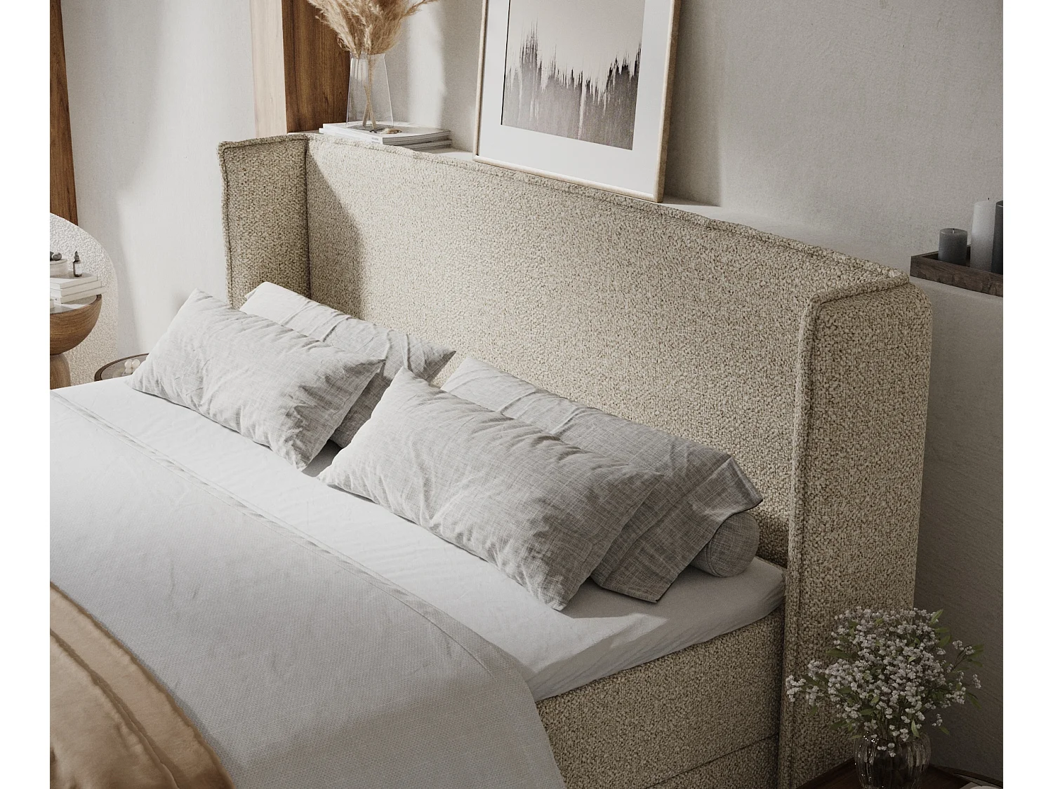 Lit boxspring en tissu bouclette Skyline - matelas - surmatelas - 180x200 cm - beige