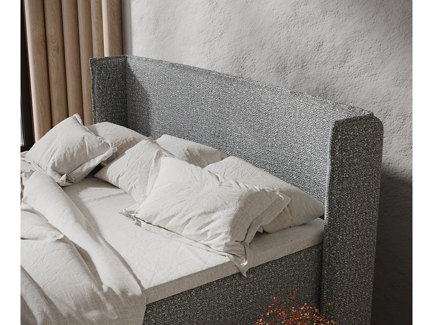 Boxspringbett aus Boucle-Stoff Monpelli - Matratze - Toppermatratze - 160x200 cm - grau