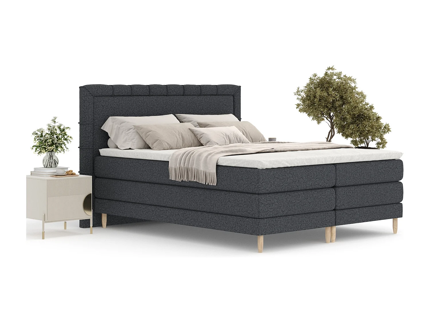 Lit boxspring en toile tissée Rimini - matelas - surmatelas - 160x200 cm - noir