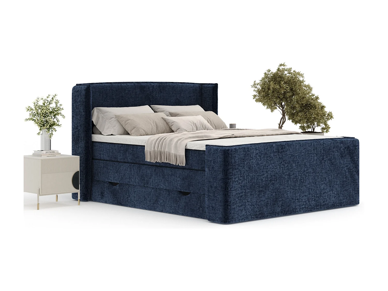 Boxspringbett aus Chenille-Stoff Freeland - Matratze - Toppermatratze - 200x200 cm - marineblau