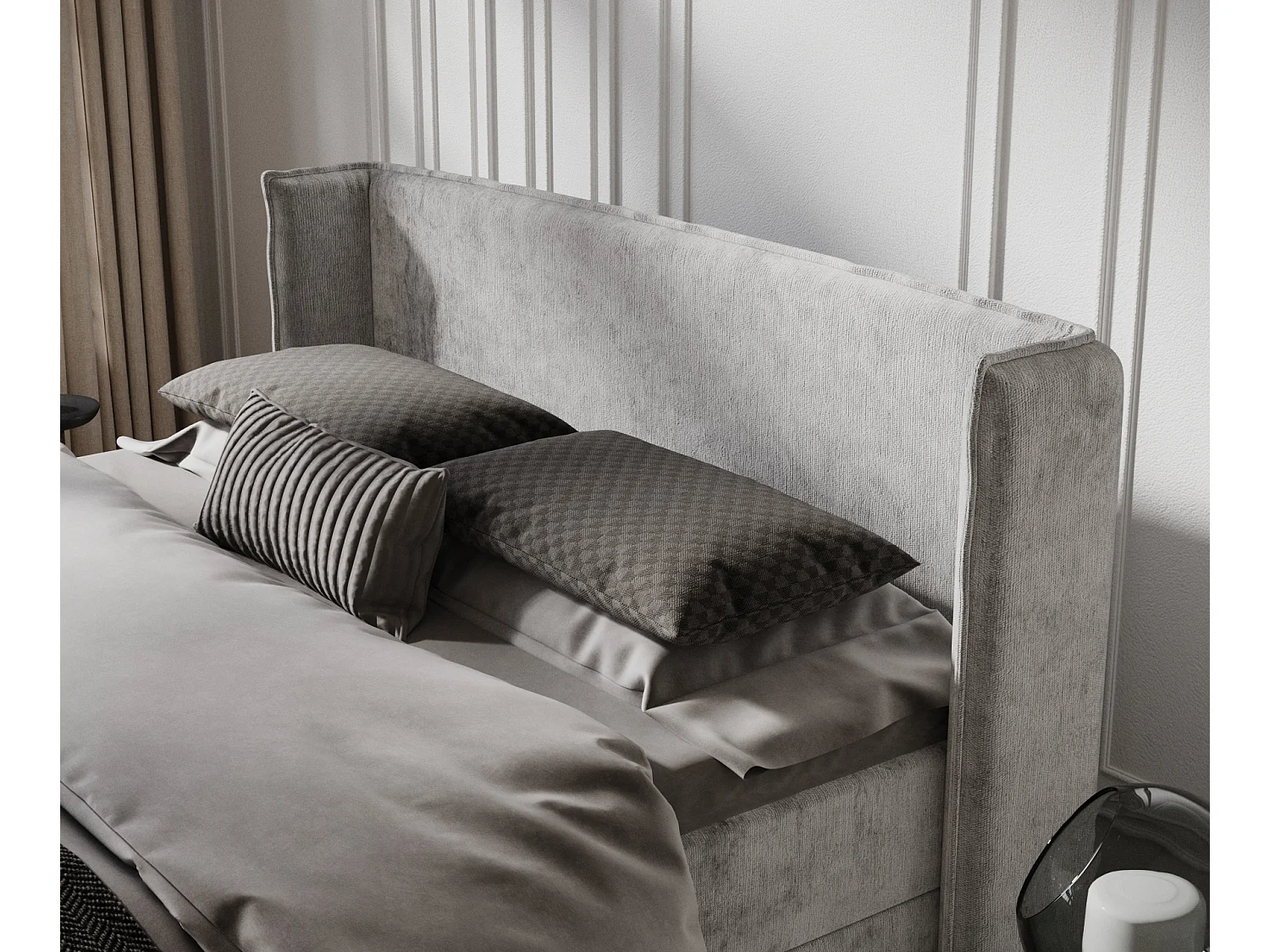 Boxspringbett aus Chenille-Stoff Passion - Matratze - Toppermatratze - 140x200 cm - hellgrau