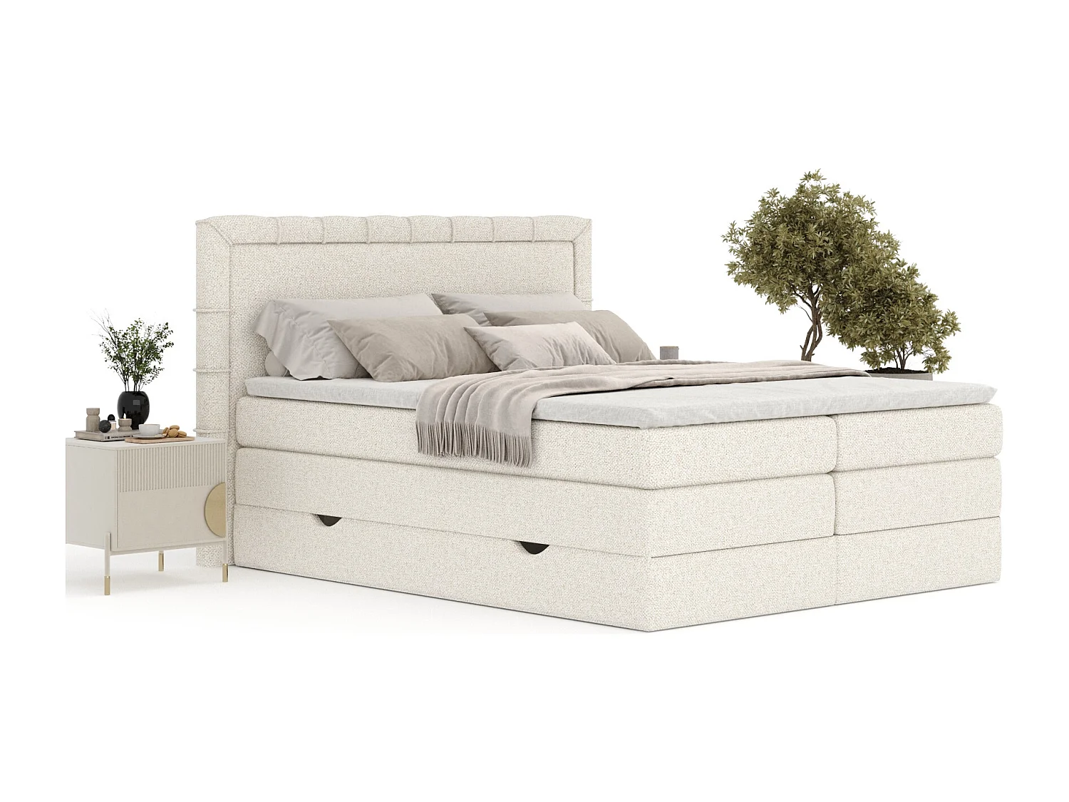 Lit boxspring en tissu bouclette Rosabel - matelas - surmatelas - 200x200 cm - creme