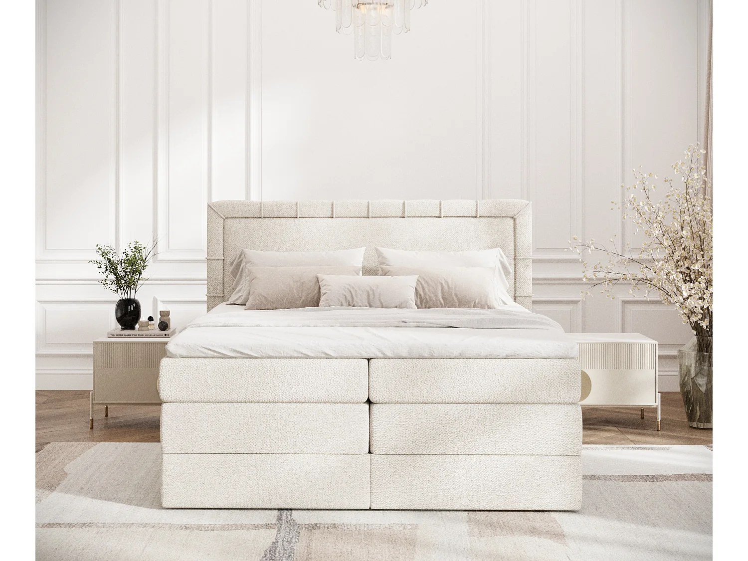 Lit boxspring en tissu bouclette Rosabel - matelas - surmatelas - 200x200 cm - creme