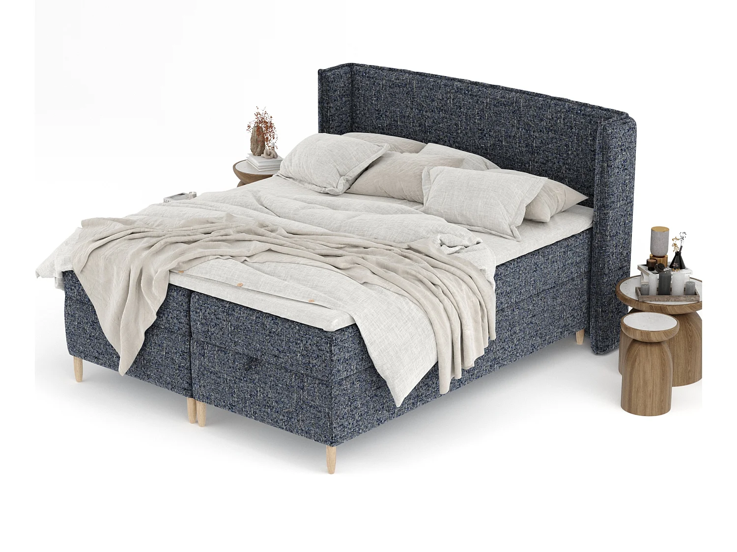 Łóżko boxspring w tkaninie plecionej Monpelli - materac - topper - 200x200 cm - granatowy