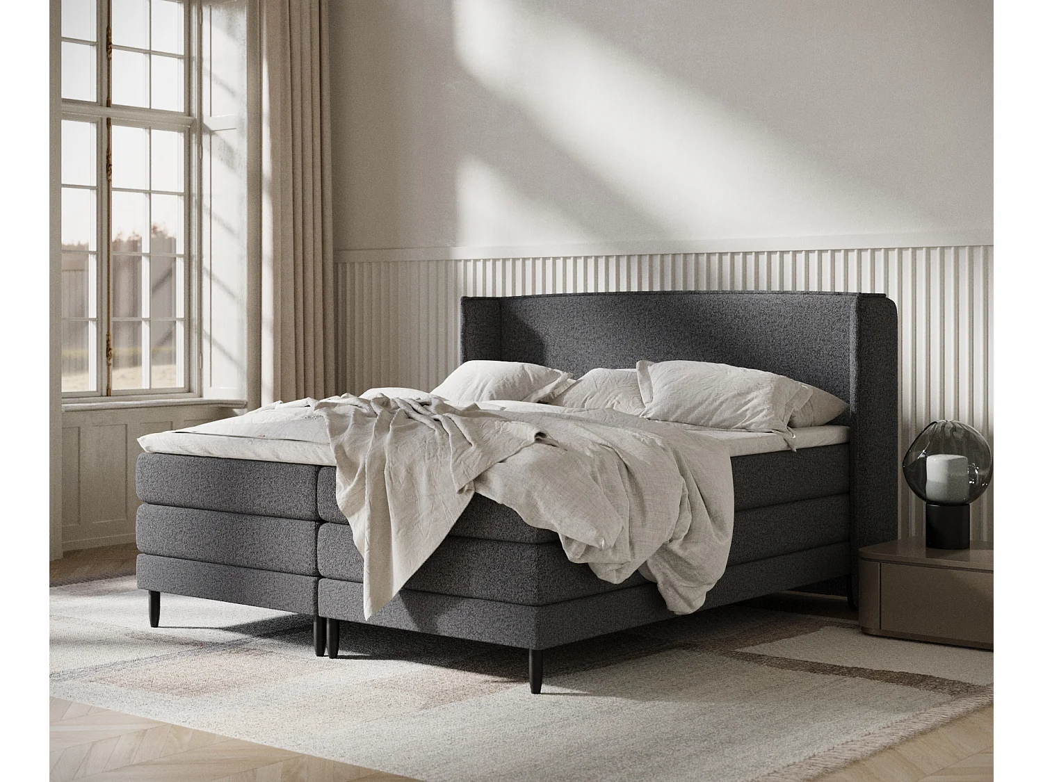 Boxspringbett aus Webstoff Carizzo - Matratze - Toppermatratze - 160x200 cm - schwarz