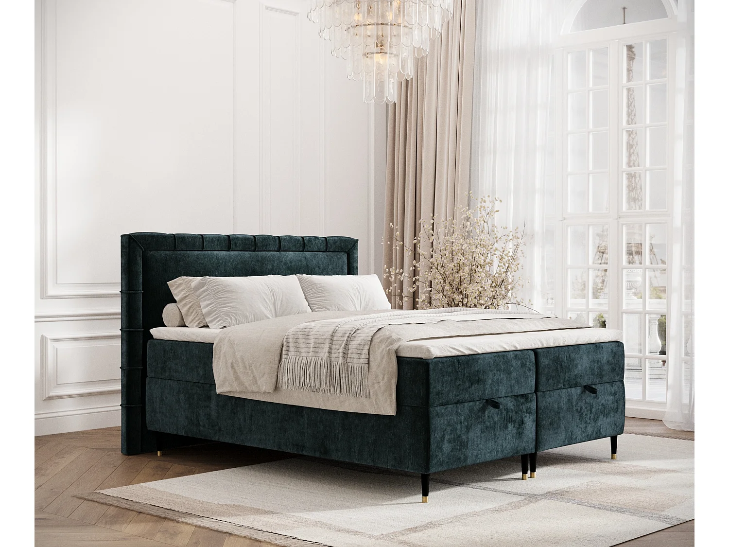 Lit boxspring en tissu chenille Voyage - matelas - surmatelas - 160x200 cm - couleur sarcelle