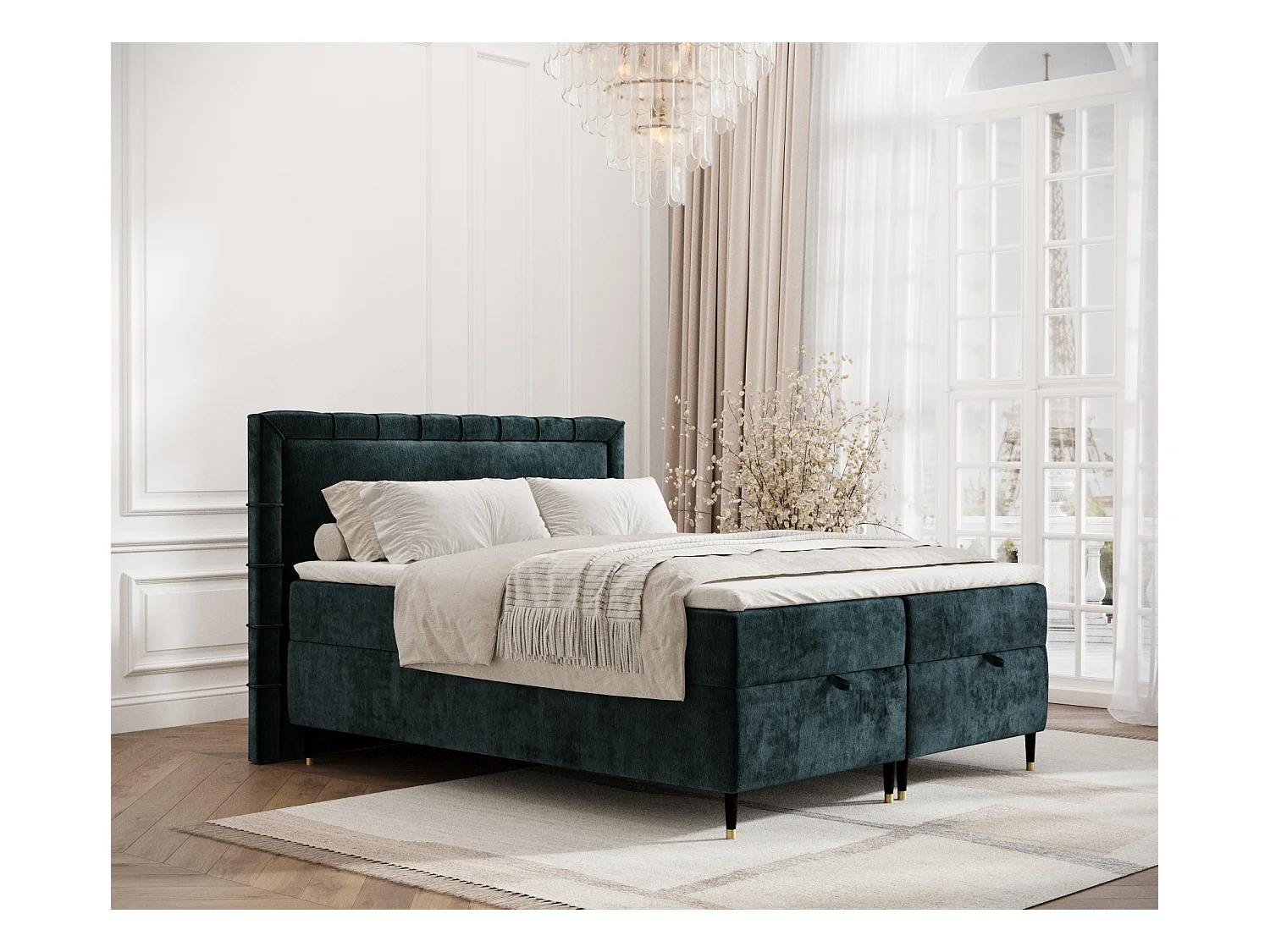 Lit boxspring en tissu chenille Voyage - matelas - surmatelas - 160x200 cm - couleur sarcelle