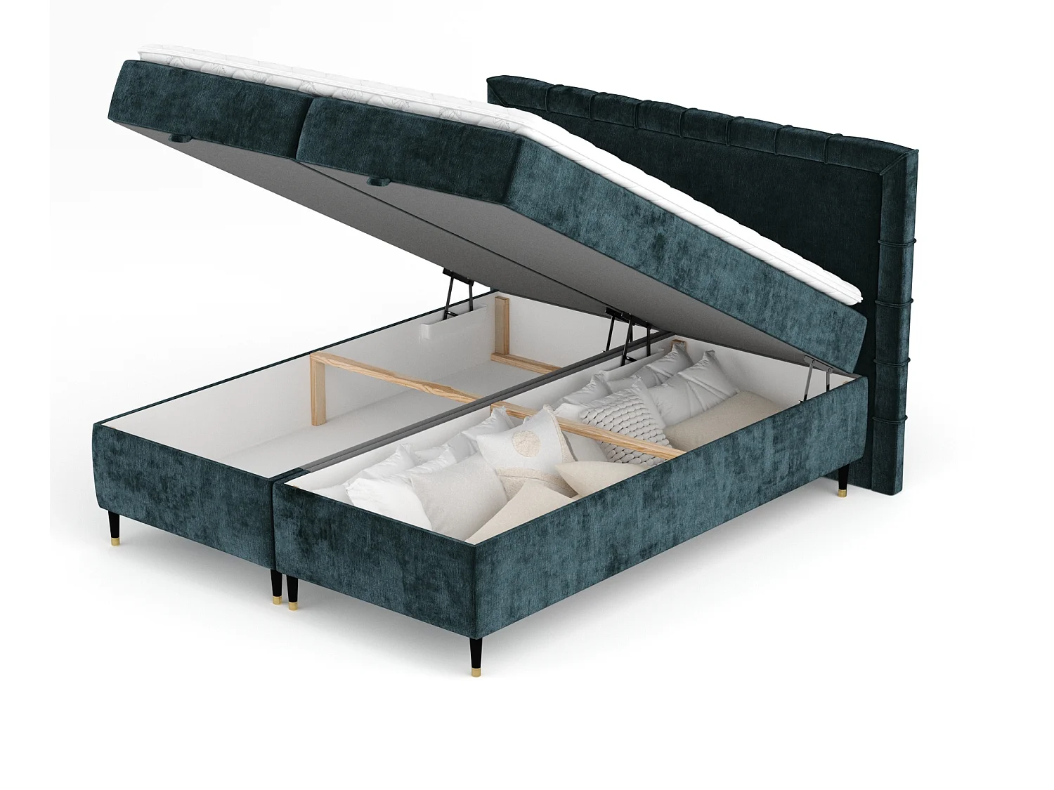 Boxspringbett aus Chenille-Stoff Voyage - Matratze - Toppermatratze - 160x200 cm - blaugrüne