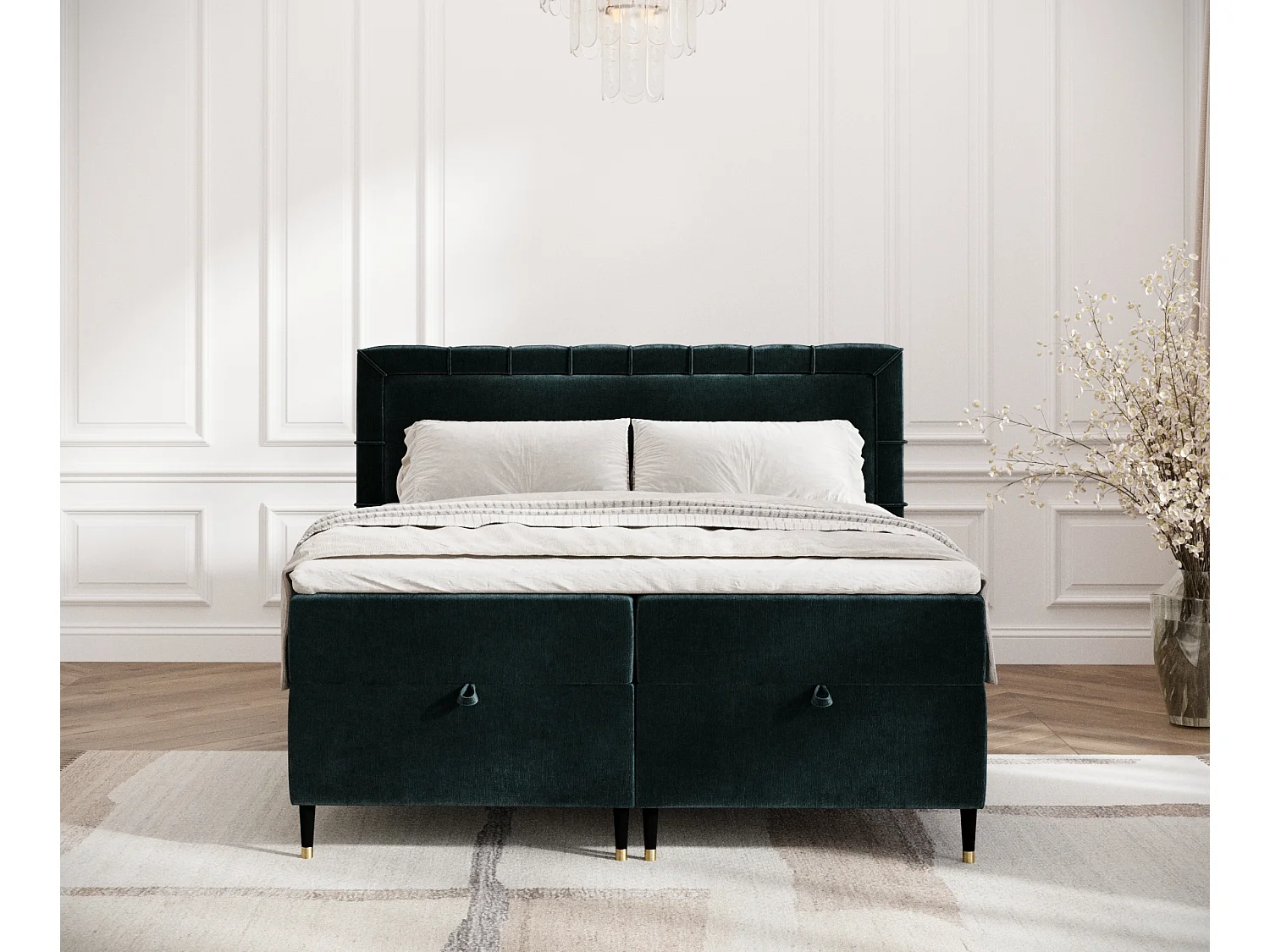 Boxspringbett aus Chenille-Stoff Voyage - Matratze - Toppermatratze - 160x200 cm - blaugrüne