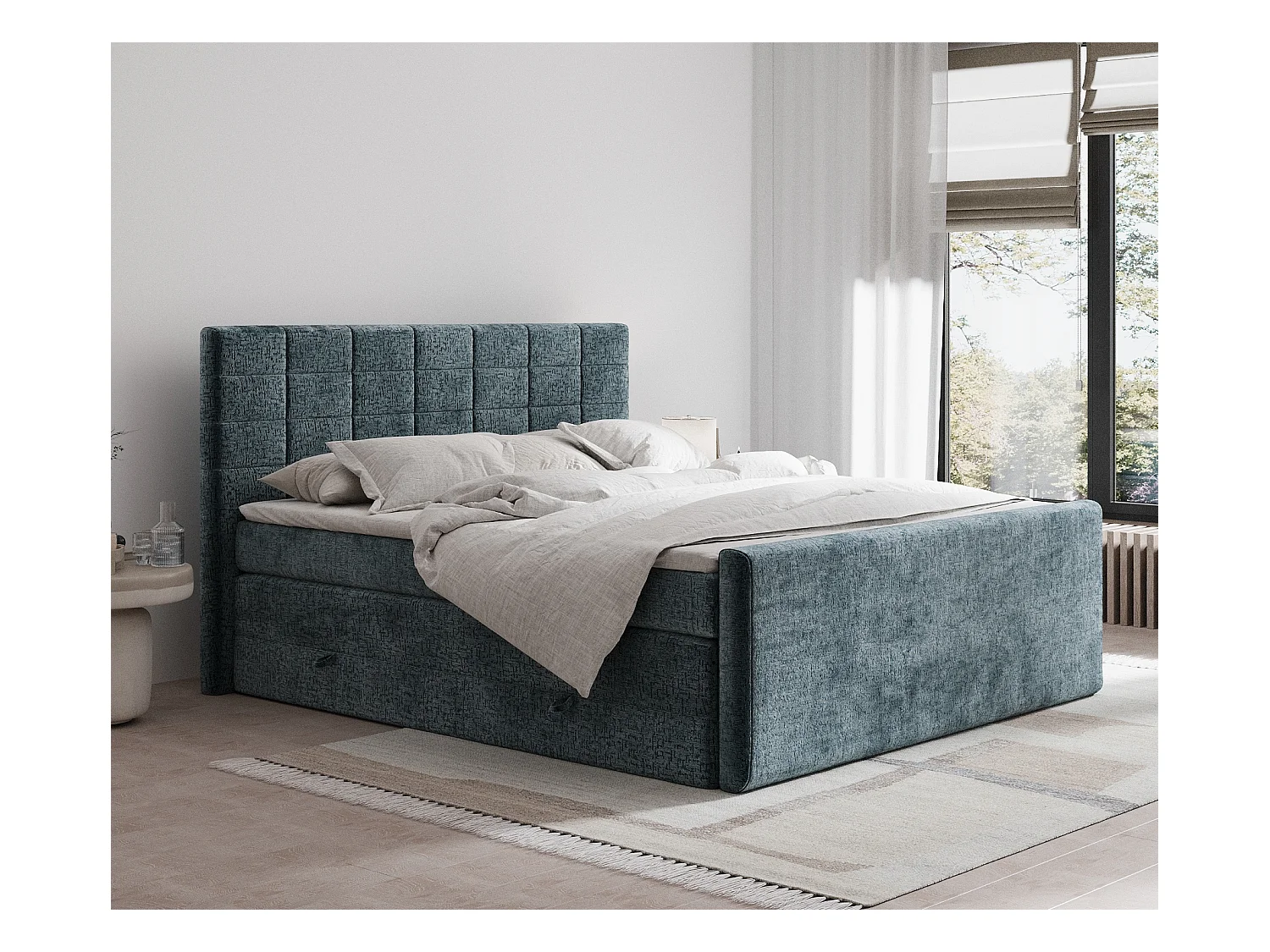 Lit boxspring en tissu chenille Ava - matelas - surmatelas - 180x200 cm - bleu