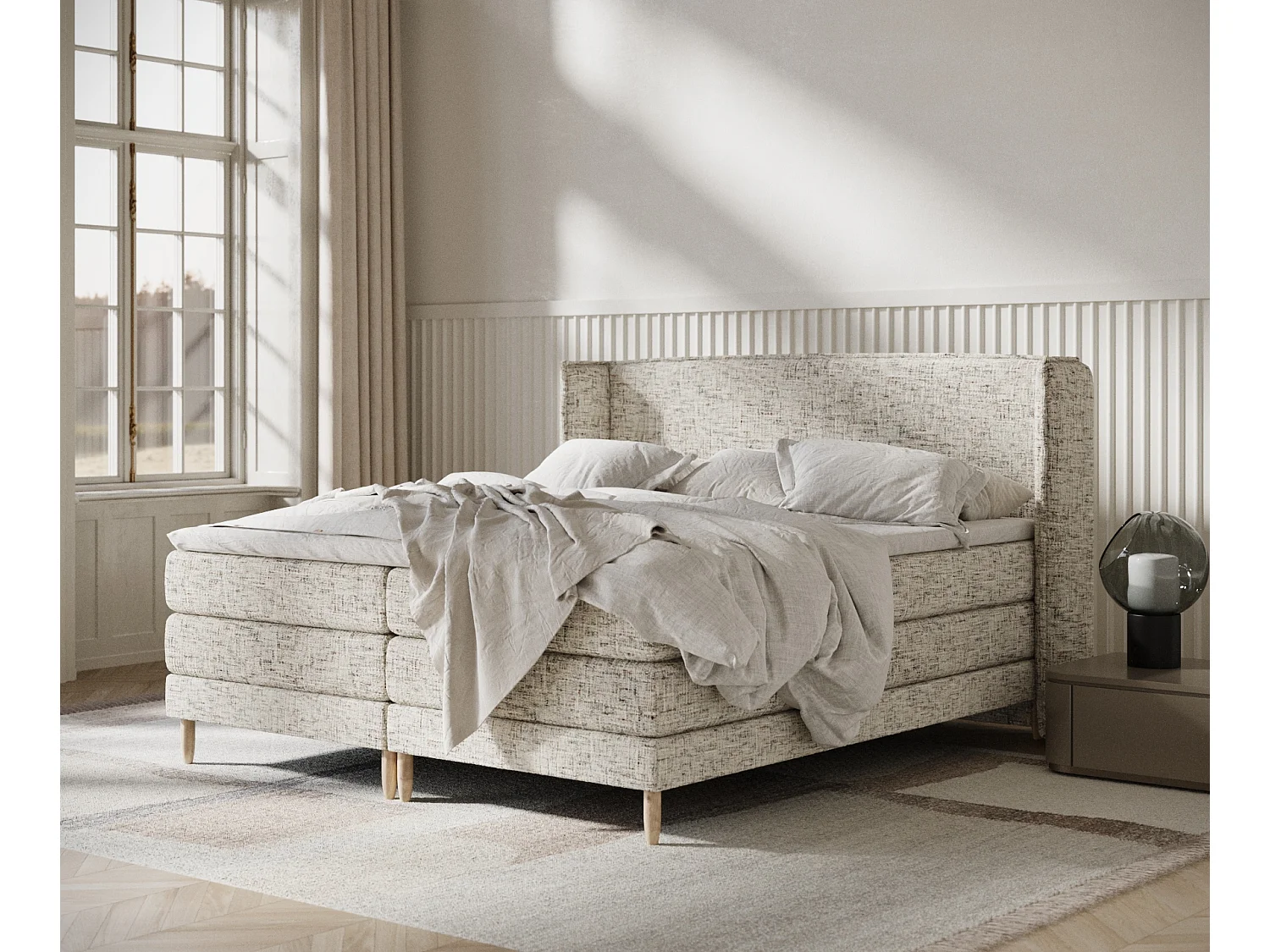 Boxspringbett aus Webstoff Carizzo - Matratze - Toppermatratze - 140x200 cm - beige melange