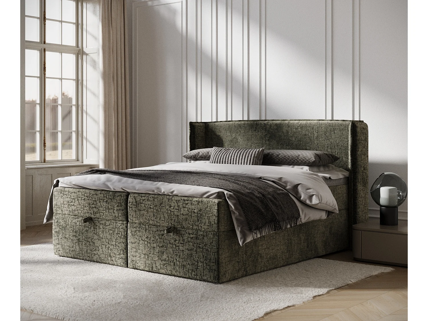 Lit boxspring en tissu chenille Passion - matelas - surmatelas - 140x200 cm - vert olive