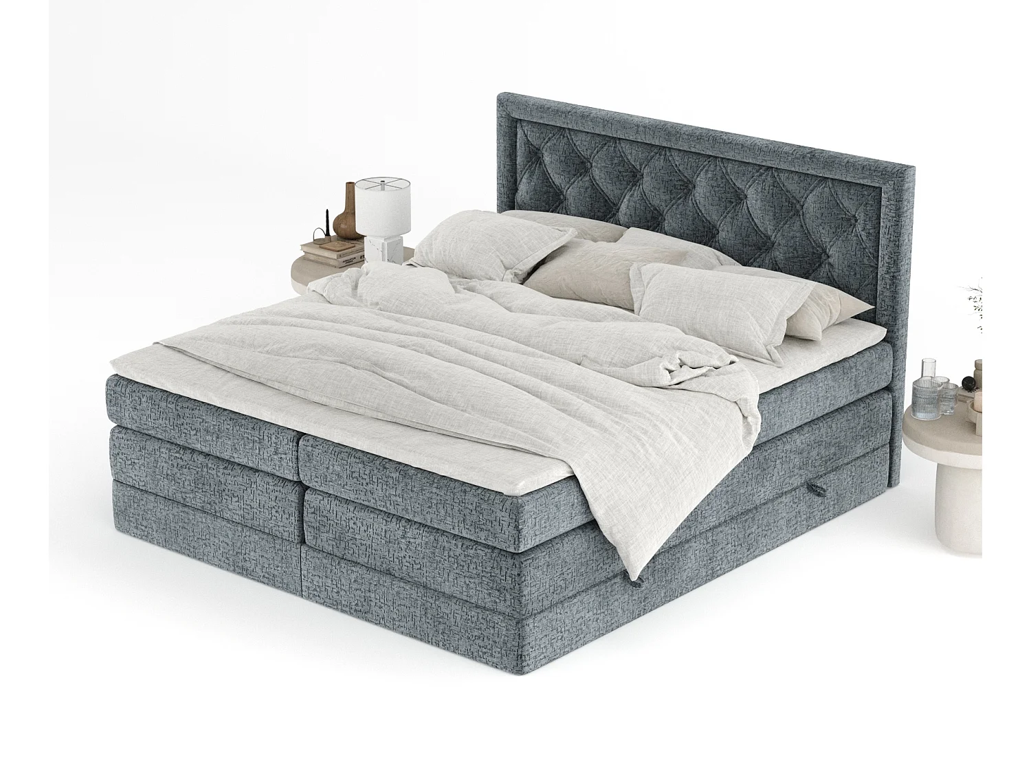 Boxspringbett aus Chenille-Stoff Aurelia - Matratze - Toppermatratze - 140x200 cm - grau