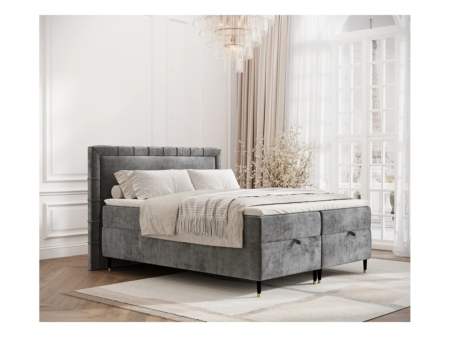 Lit boxspring en tissu chenille Voyage - matelas - surmatelas - 160x200 cm - gris