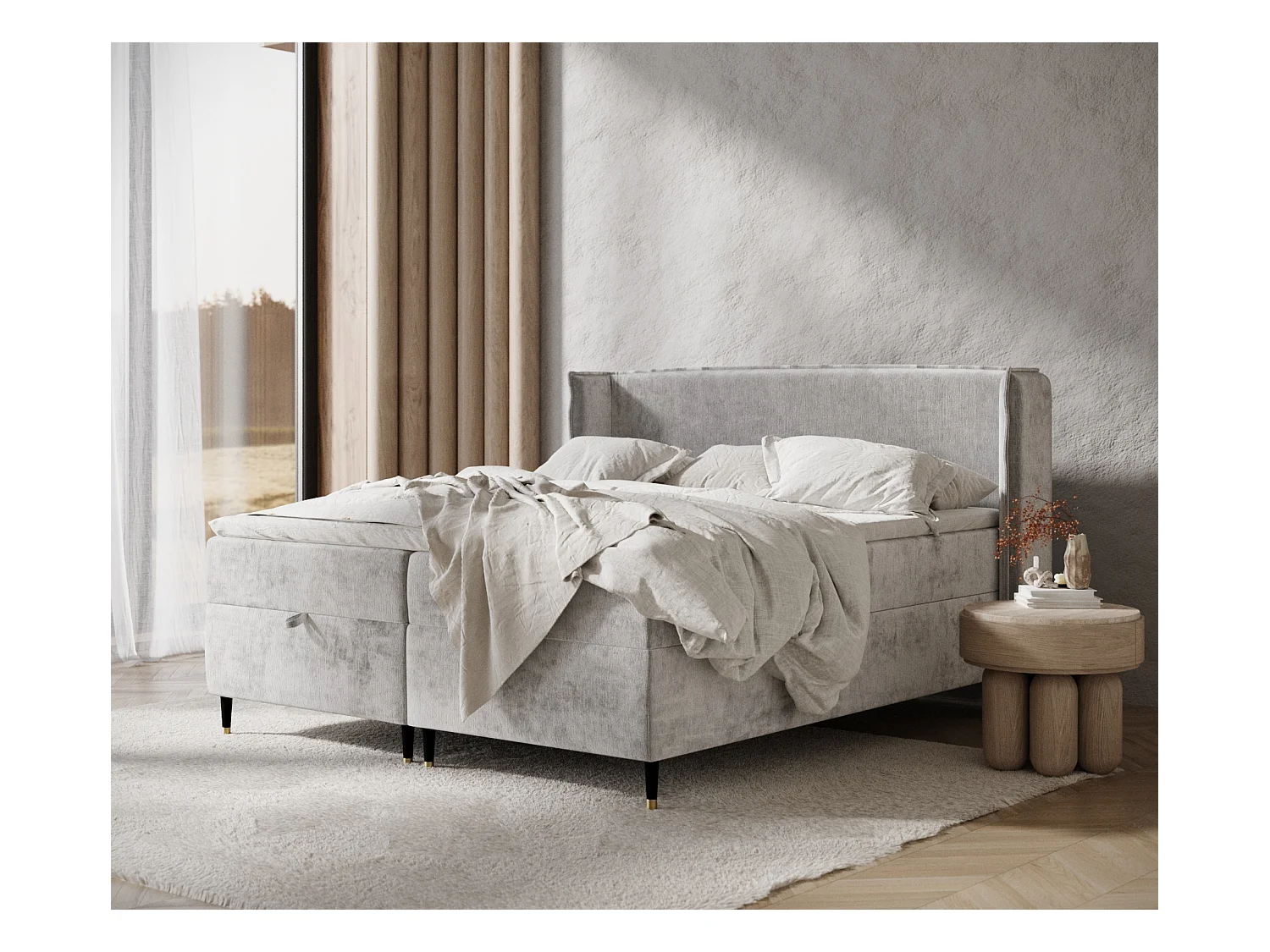 Lit boxspring en tissu chenille Monpelli - matelas - surmatelas - 200x200 cm - gris clair