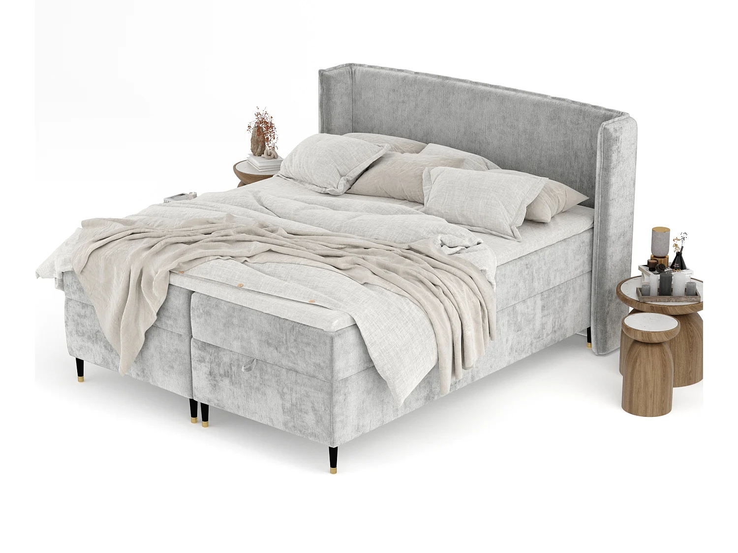 Lit boxspring en tissu chenille Monpelli - matelas - surmatelas - 200x200 cm - gris clair