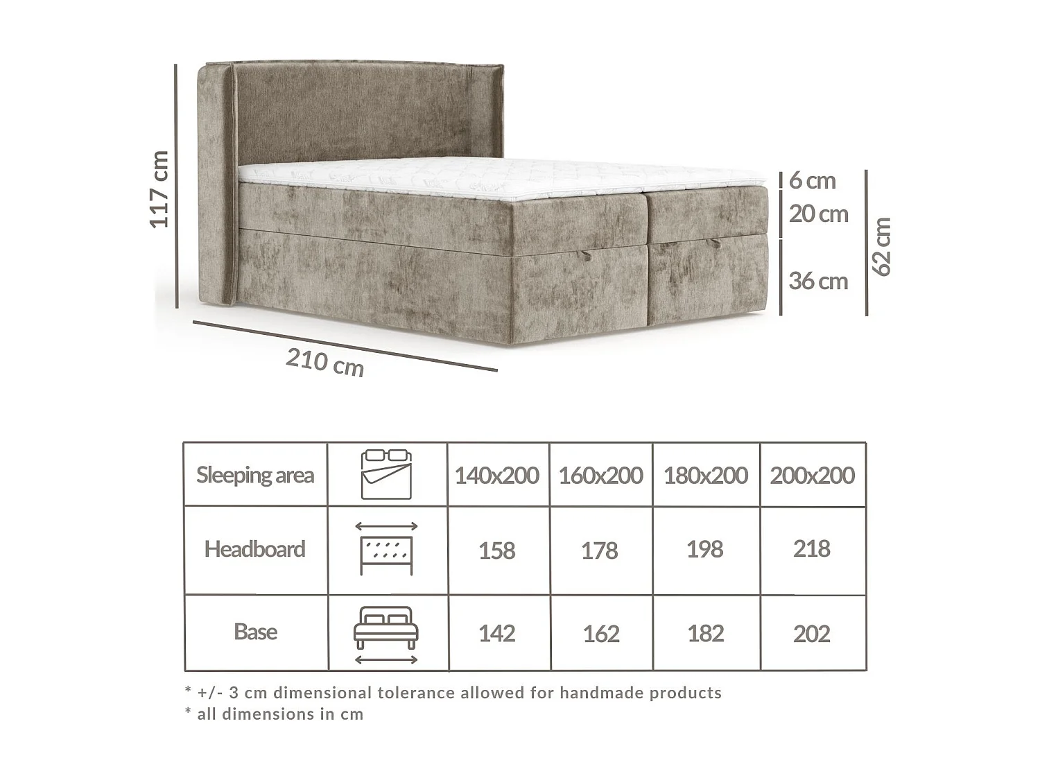 Lit boxspring en tissu chenille Passion - matelas - surmatelas - 180x200 cm - beige