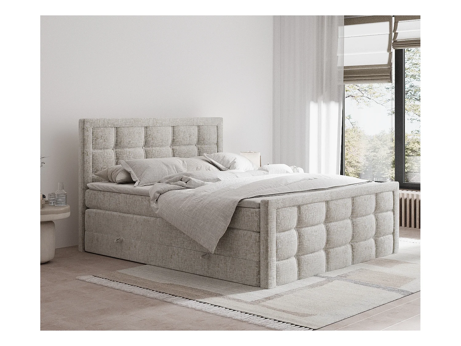 Lit boxspring en tissu chenille Ambrosia - matelas - surmatelas - 140x200 cm - beige