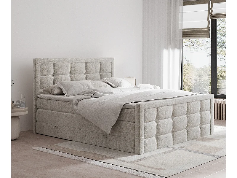 Lit boxspring en tissu chenille Ambrosia - matelas - surmatelas - 140x200 cm - beige