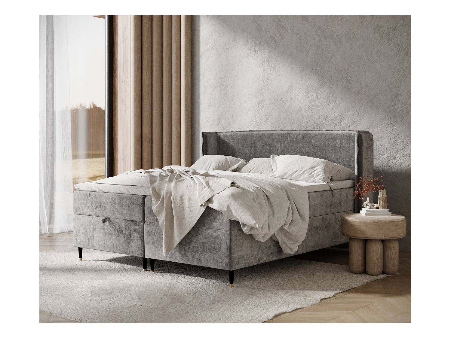 Lit boxspring en tissu chenille Monpelli - matelas - surmatelas - 160x200 cm - gris