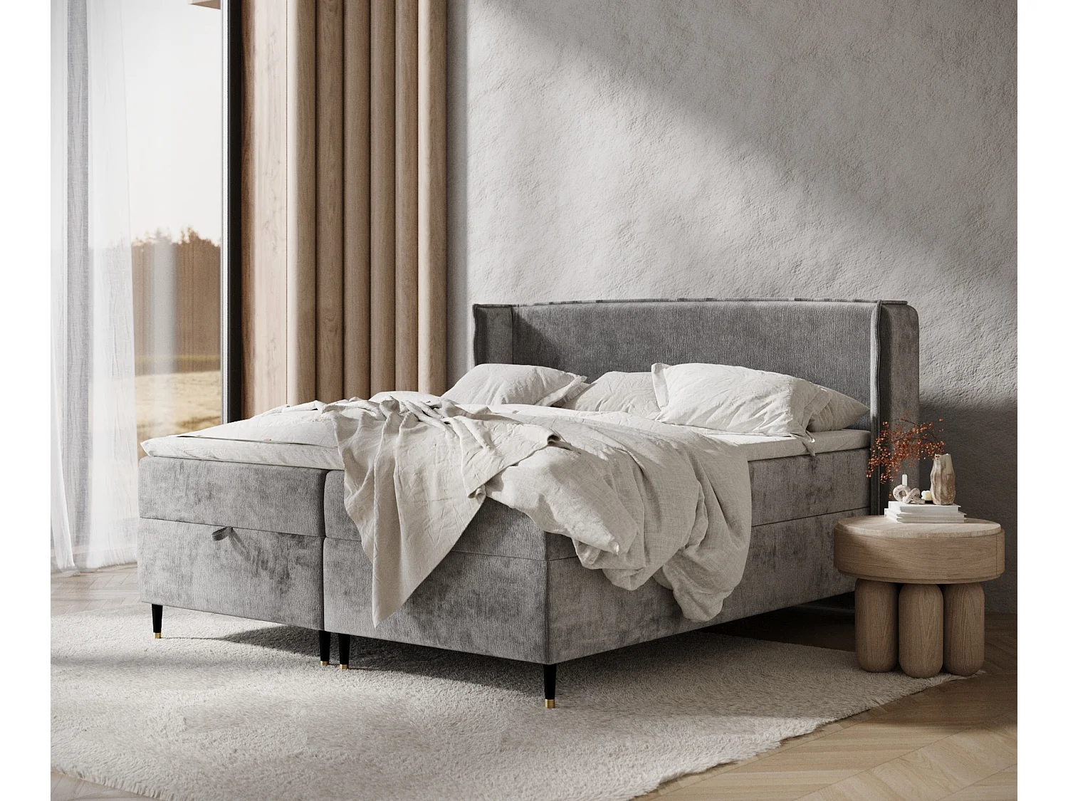 Boxspringbett aus Chenille-Stoff Monpelli - Matratze - Toppermatratze - 160x200 cm - grau