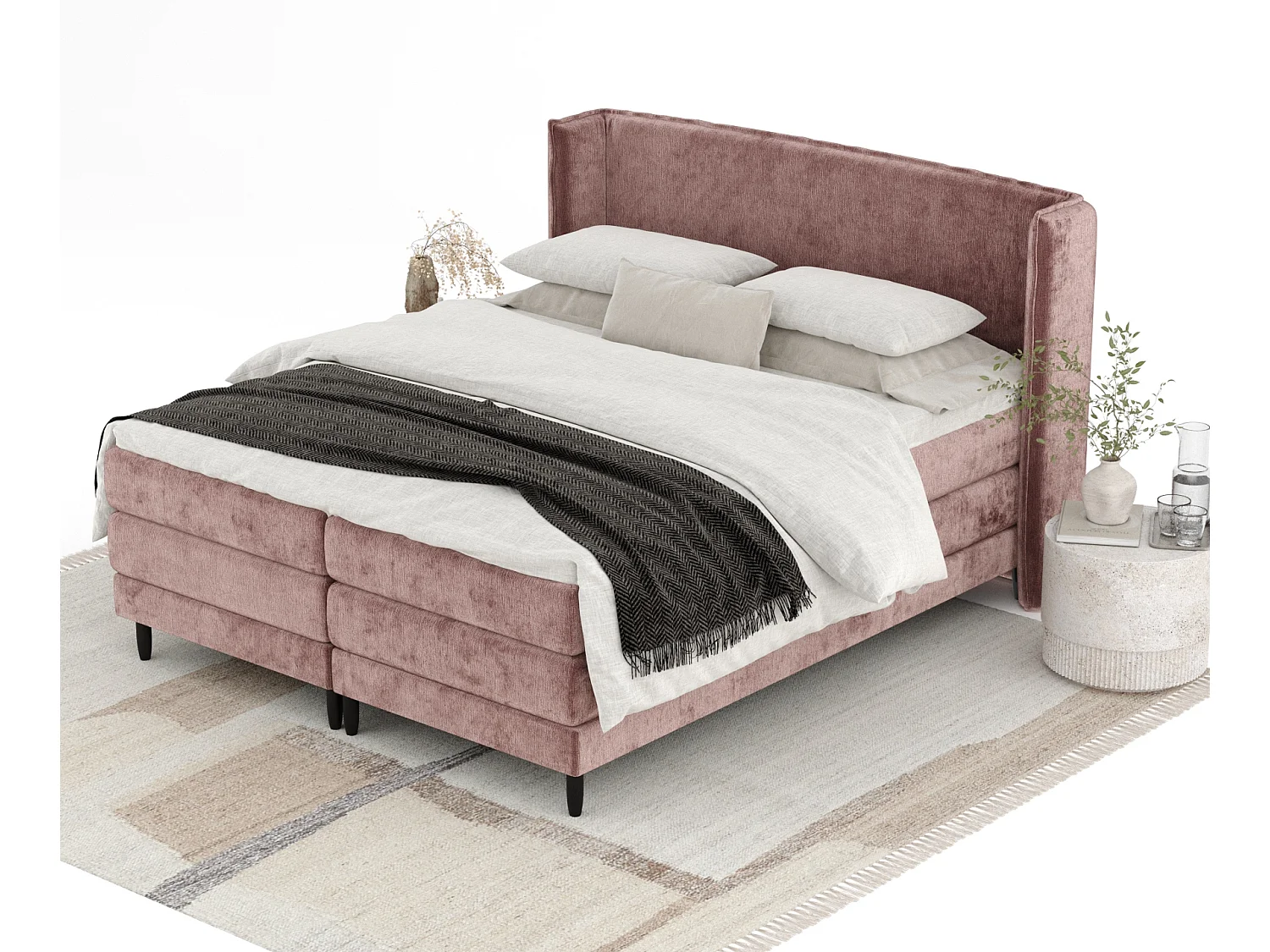 Boxspringbett aus Chenille-Stoff Carizzo - Matratze - Toppermatratze - 200x200 cm - rosa