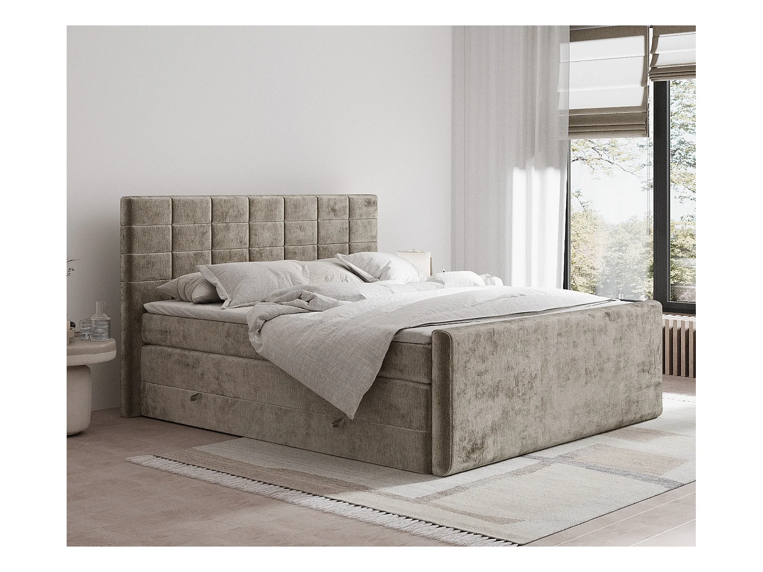 Lit boxspring en tissu chenille Ava - matelas - surmatelas - 200x200 cm - beige