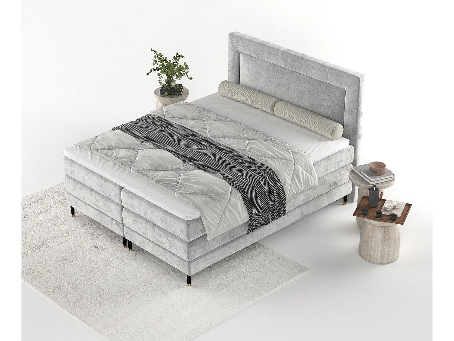 Boxspringbett aus Chenille-Stoff Madame - Matratze - Toppermatratze - 180x200 cm - hellgrau