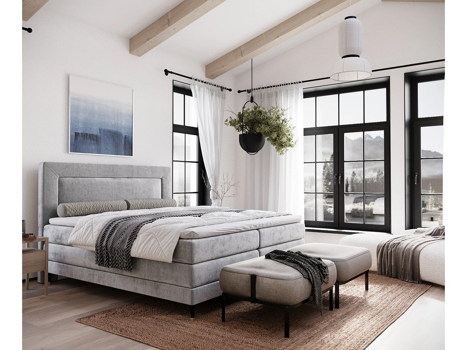 Boxspringbett aus Chenille-Stoff Madame - Matratze - Toppermatratze - 180x200 cm - hellgrau