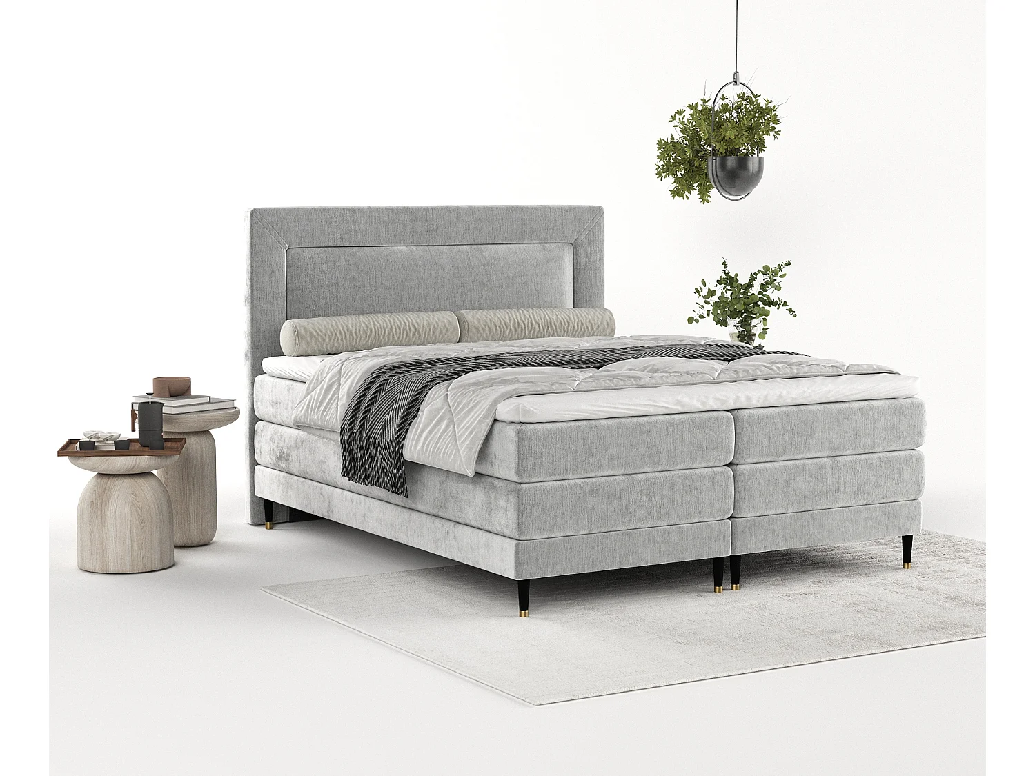 Boxspringbett aus Chenille-Stoff Madame - Matratze - Toppermatratze - 140x200 cm - hellgrau